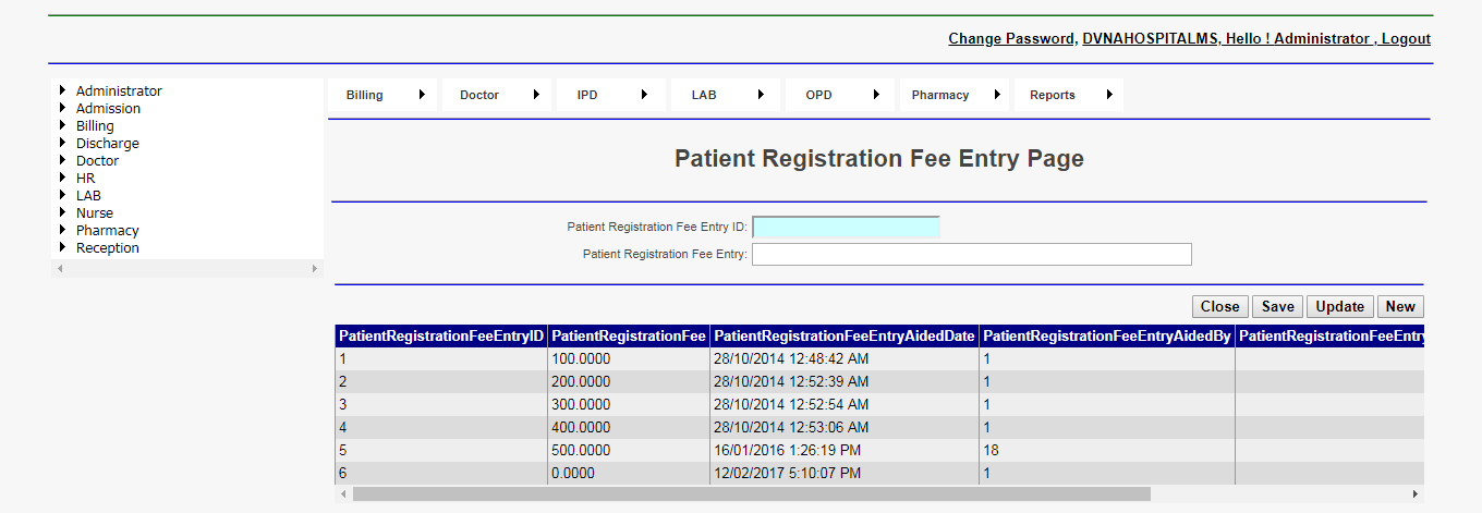DVNA Hospital Management Software Patient Registration Fee Entry Page